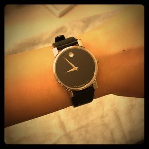 Classic Movado Dial Wristwatch Black Leather Strap